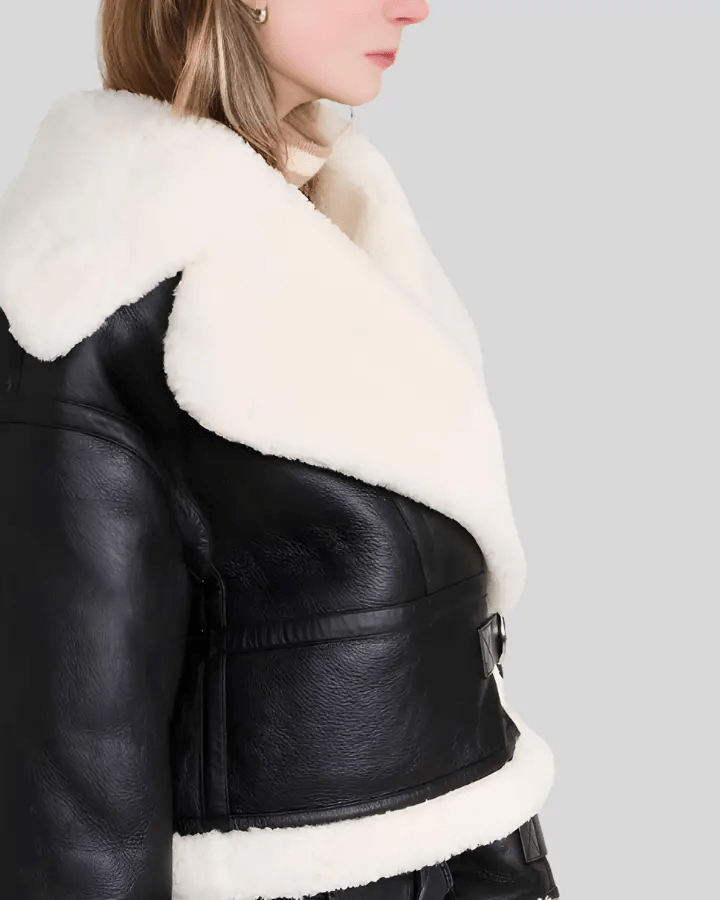 Ariana Shearling Lined Black Aviator Jacket - Rare Leather