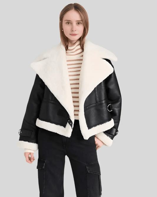 Ariana Shearling Lined Black Aviator Jacket - Vox Leather