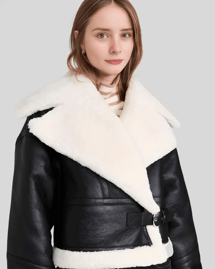 Ariana Shearling Lined Black Aviator Jacket - Vox Leather