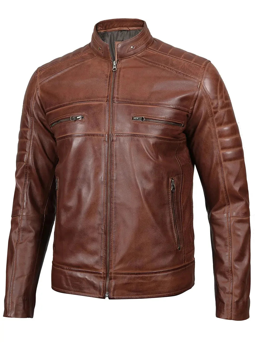 Austin Men Cognac Brown Cafe Racer Leather Jacket - Rare Leather