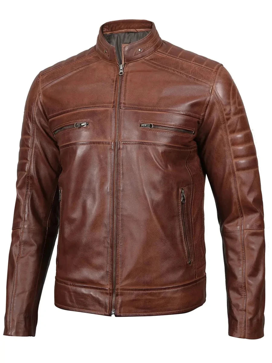 Austin Men Cognac Brown Cafe Racer Leather Jacket - Vox Leather