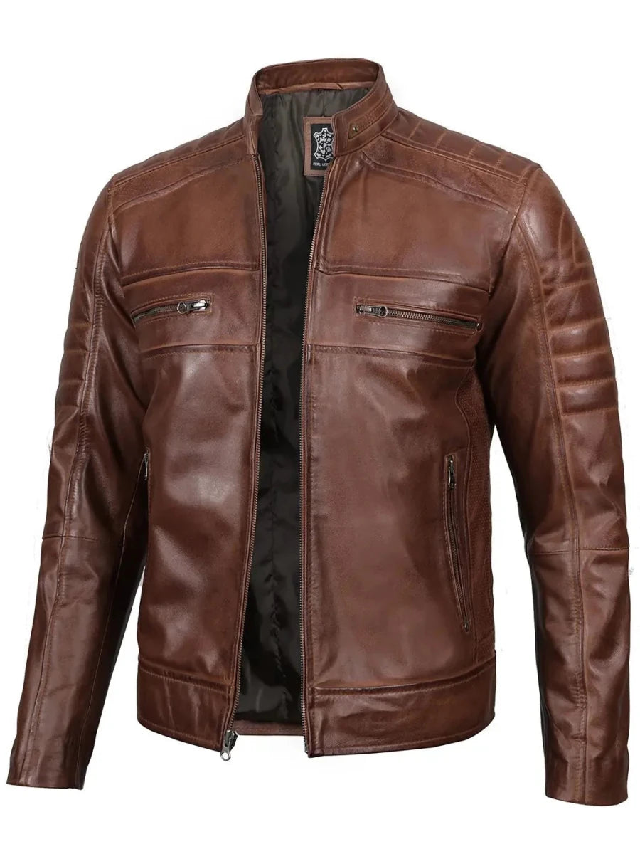 Austin Men Cognac Brown Cafe Racer Leather Jacket - Vox Leather