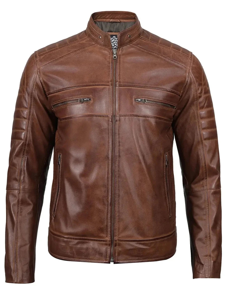 Austin Men Cognac Brown Cafe Racer Leather Jacket - Vox Leather
