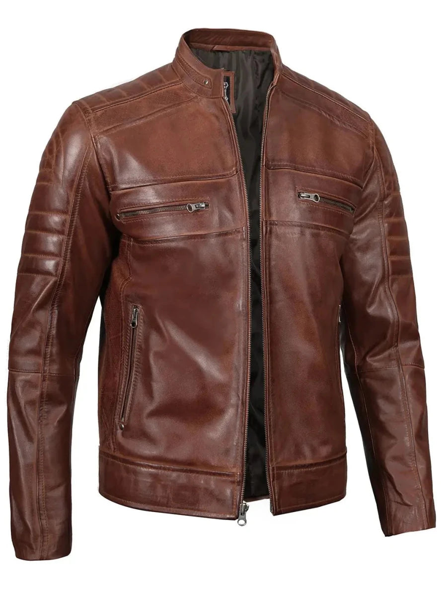 Austin Men Cognac Brown Cafe Racer Leather Jacket - Vox Leather