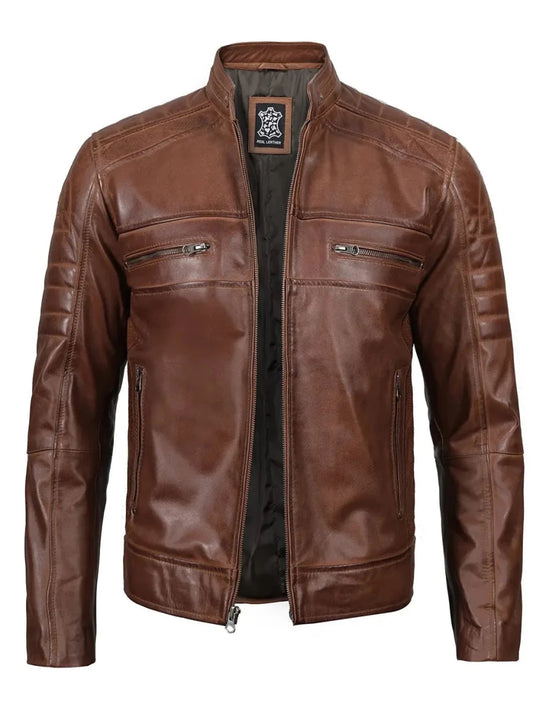Austin Men Cognac Brown Cafe Racer Leather Jacket - Vox Leather