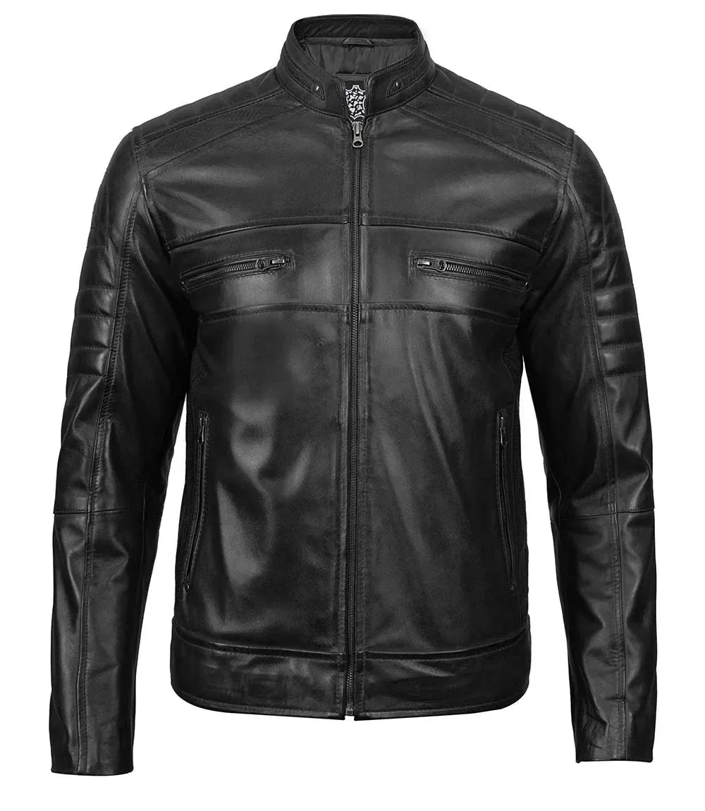 Austin Mens Black Cafe Racer Real Leather Jacket - Rare Leather