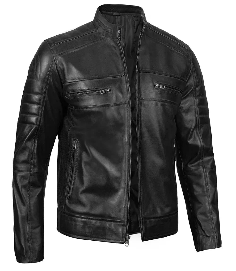 Austin Mens Black Cafe Racer Real Leather Jacket - Vox Leather