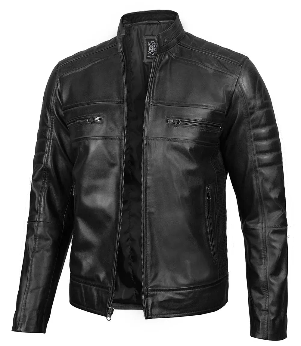 Austin Mens Black Cafe Racer Real Leather Jacket - Vox Leather