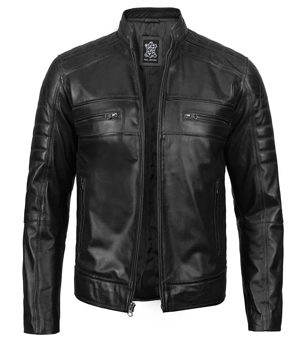 Austin Mens Black Cafe Racer Real Leather Jacket - Vox Leather
