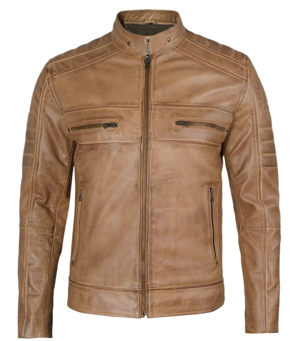 Austin Mens Distressed Tan Brown Cafe Racer Real Leather Jacket - Rare Leather