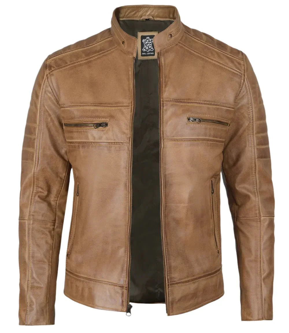 Austin Mens Distressed Tan Brown Cafe Racer Real Leather Jacket - Rare Leather