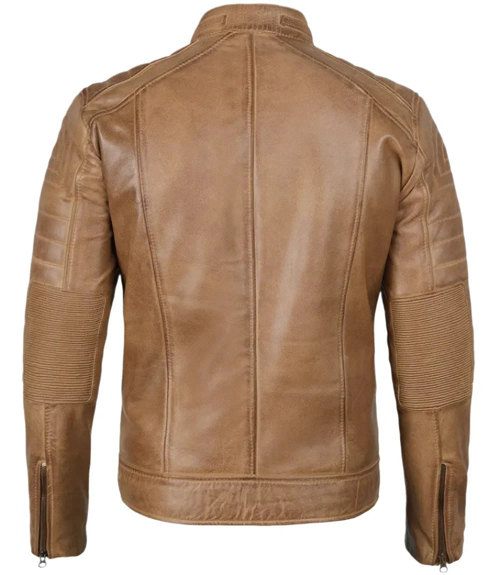 Austin Mens Distressed Tan Brown Cafe Racer Real Leather Jacket - Rare Leather