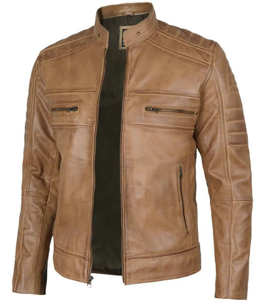Austin Mens Distressed Tan Brown Cafe Racer Real Leather Jacket - Vox Leather