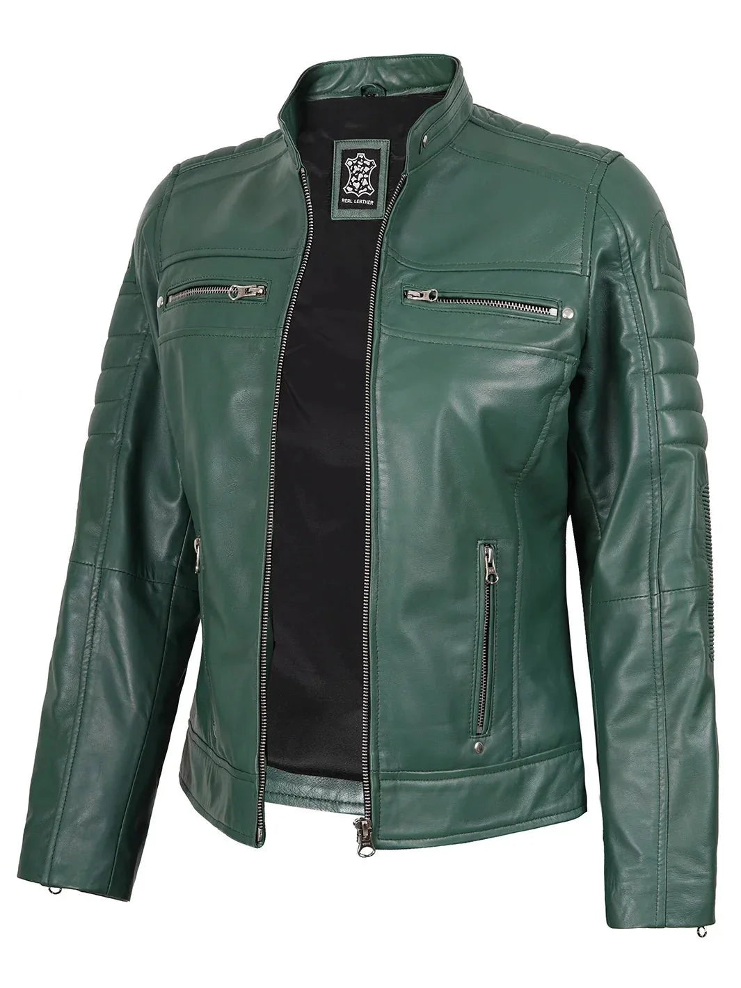 Austin Women Cafe Racer Green Leather Jacket - Rare Leather