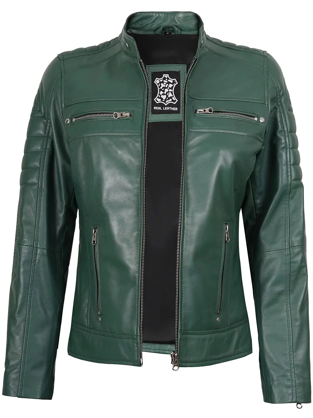 Austin Women Cafe Racer Green Leather Jacket - Rare Leather