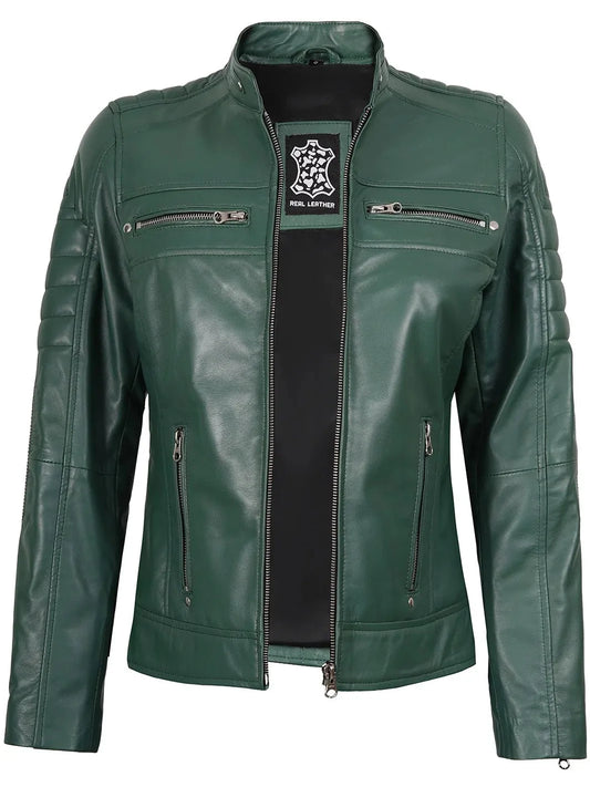 Austin Women Cafe Racer Green Leather Jacket - Rare Leather