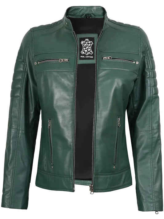 Austin Women Cafe Racer Green Leather Jacket - Vox Leather