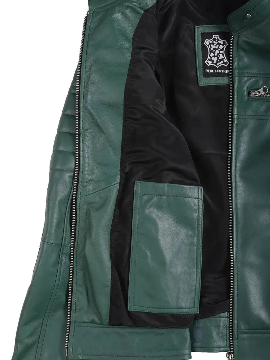 Austin Women Cafe Racer Green Leather Jacket - Vox Leather