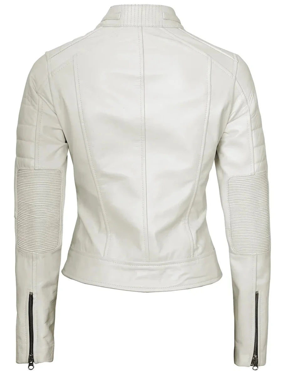 Austin Women Off White Biker Leather Jacket - Vox Leather