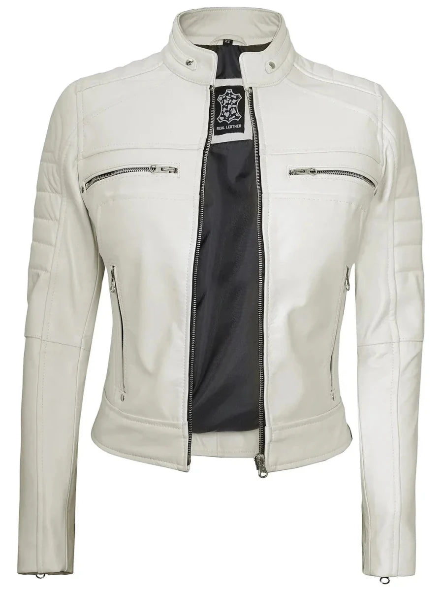 Austin Women Off White Biker Leather Jacket - Vox Leather