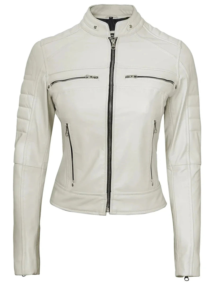 Austin Women Off White Biker Leather Jacket - Vox Leather