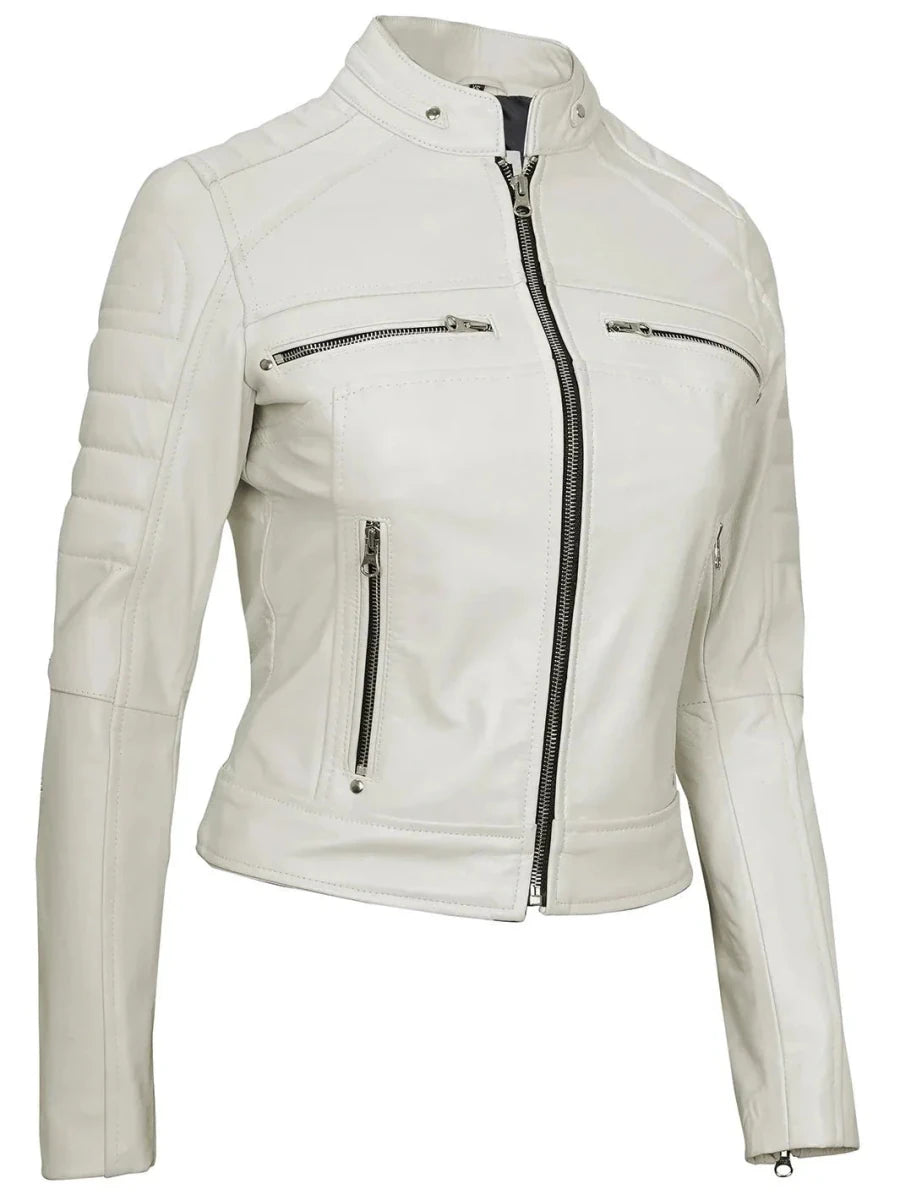 Austin Women Off White Biker Leather Jacket - Vox Leather