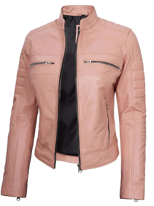 Austin Womens Pink Cafe Racer Leather Jacket - Vox Leather