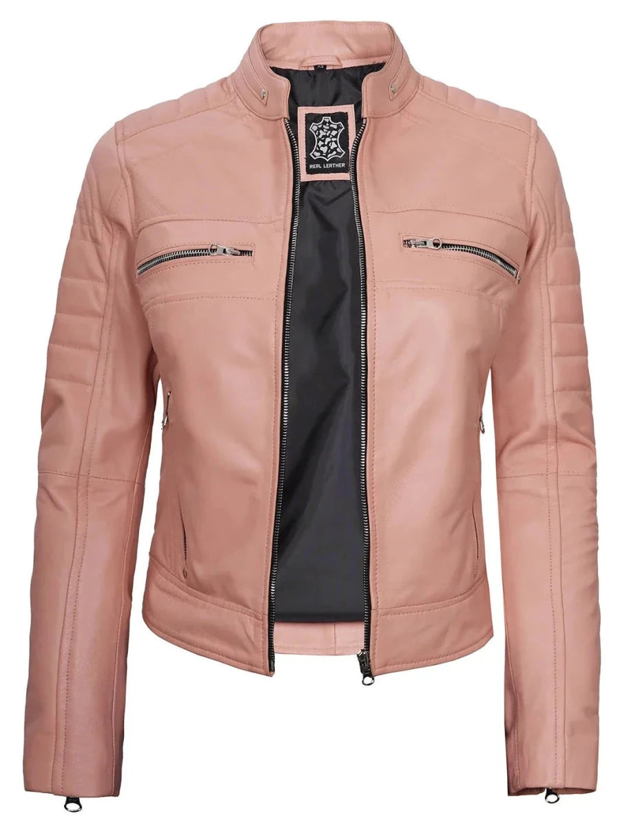 Austin Womens Pink Cafe Racer Leather Jacket - Vox Leather