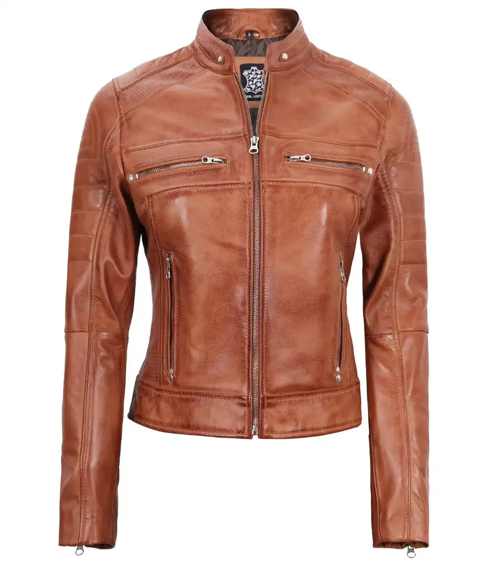 Austin Womens Tan Brown Biker Leather Jacket - Rare Leather