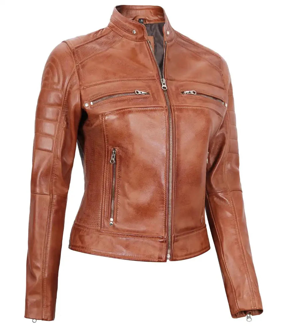 Austin Womens Tan Brown Biker Leather Jacket - Rare Leather