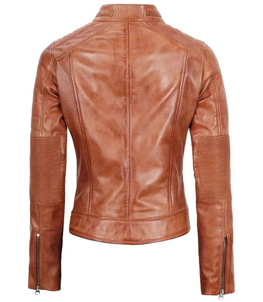 Austin Womens Tan Brown Biker Leather Jacket - Vox Leather