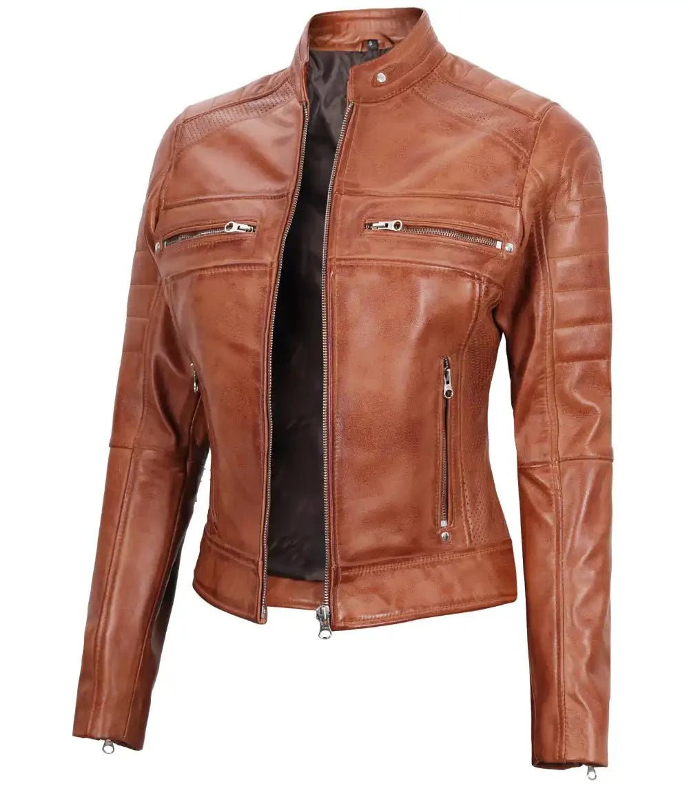 Austin Womens Tan Brown Biker Leather Jacket - Vox Leather