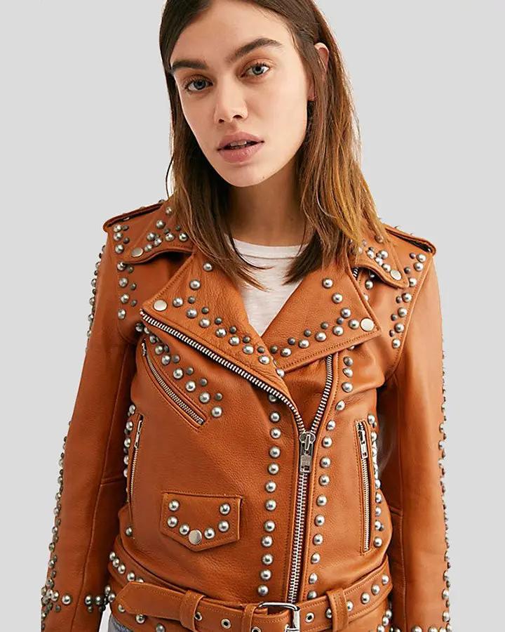 Avail Tan Studded Leather Jacket - Vox Leather
