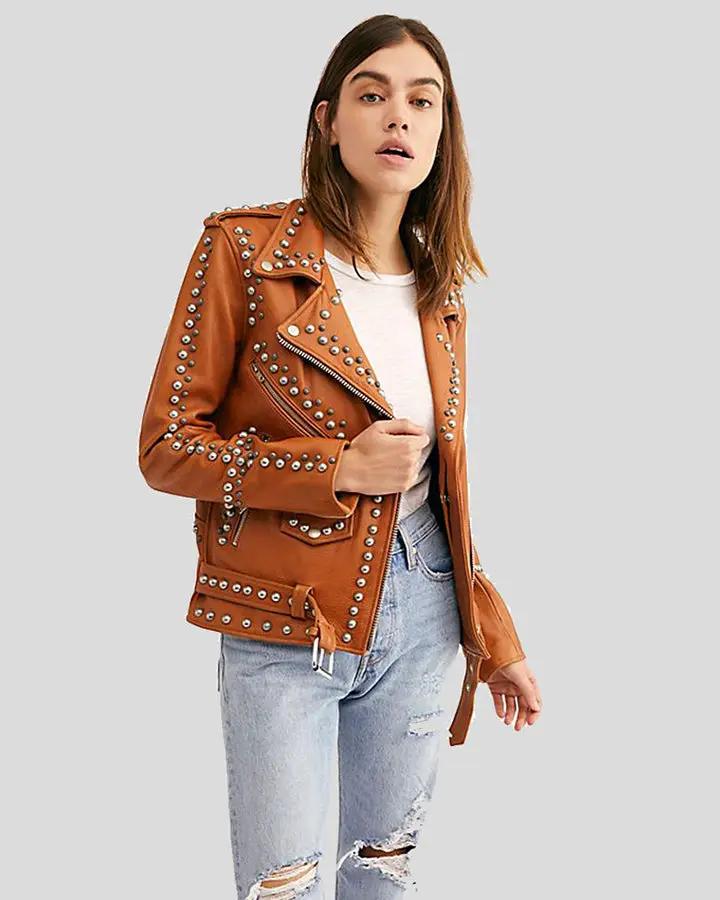 Avail Tan Studded Leather Jacket - Vox Leather