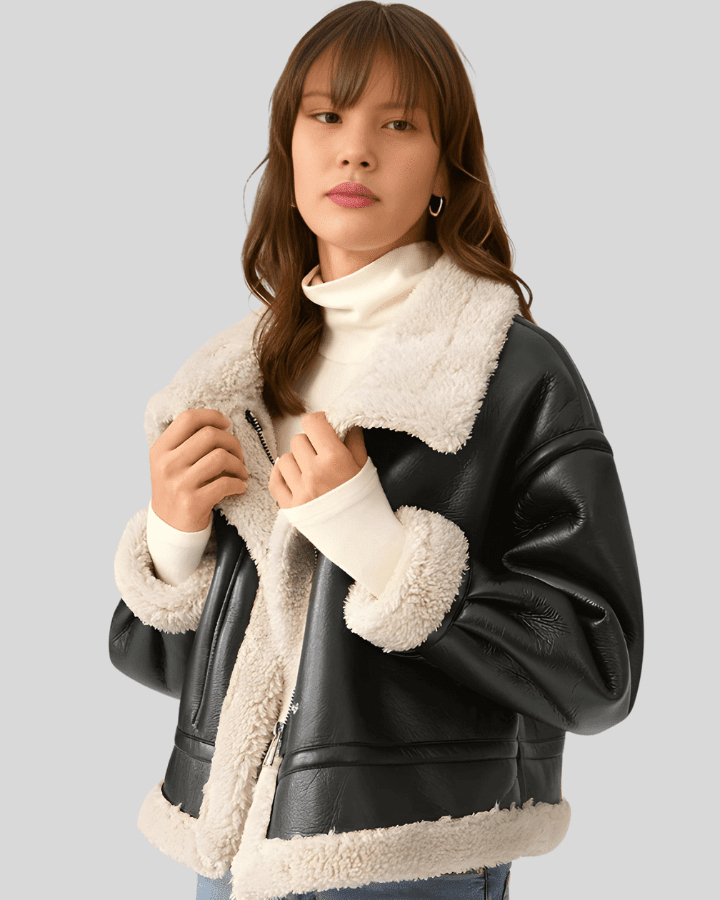 Aviator Classic Sherpa-Lined Shearling Black Flight Leather Jacket - Vox Leather