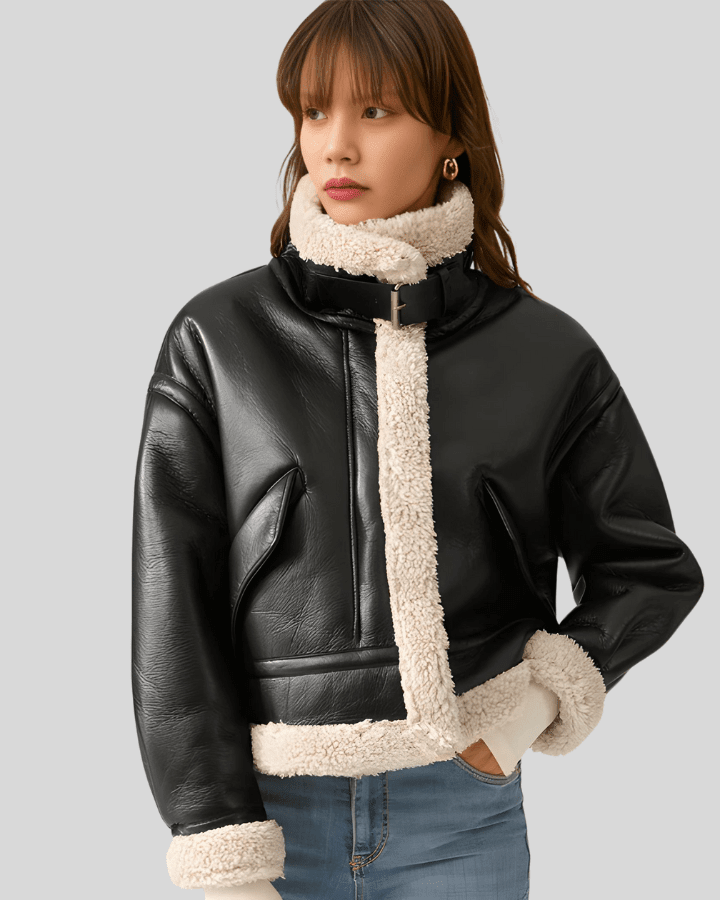 Aviator Classic Sherpa-Lined Shearling Black Flight Leather Jacket - Vox Leather