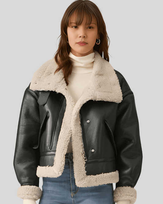 Aviator Classic Sherpa-Lined Shearling Black Flight Leather Jacket - Vox Leather