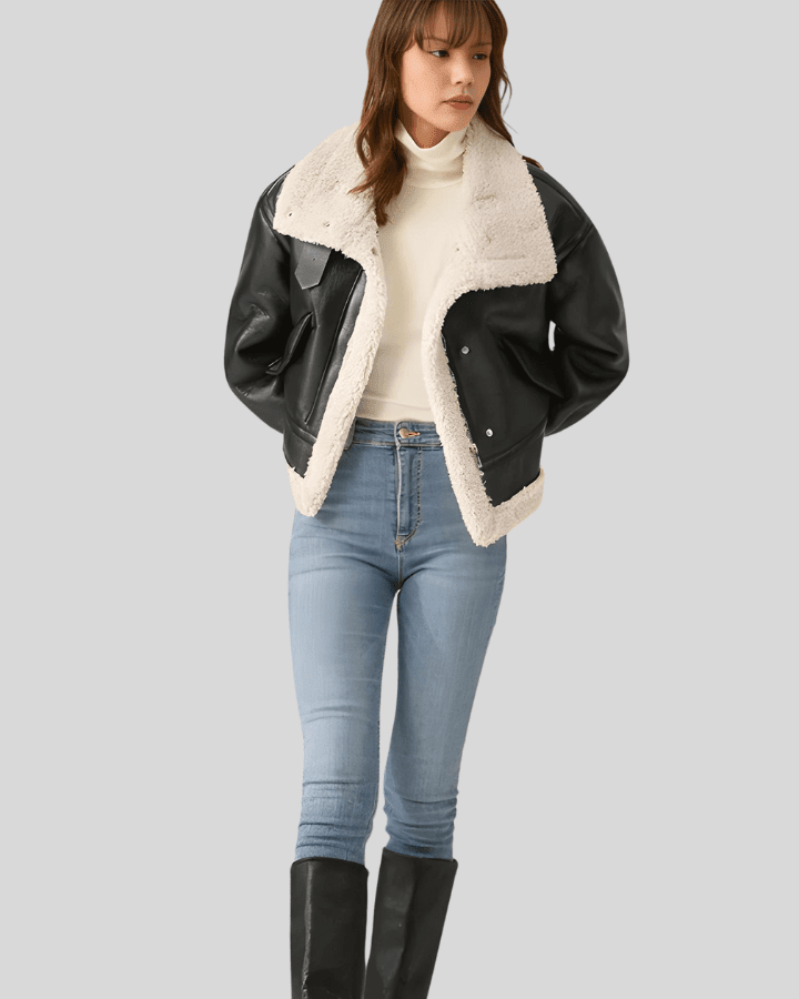 Aviator Classic Sherpa-Lined Shearling Black Flight Leather Jacket - Vox Leather