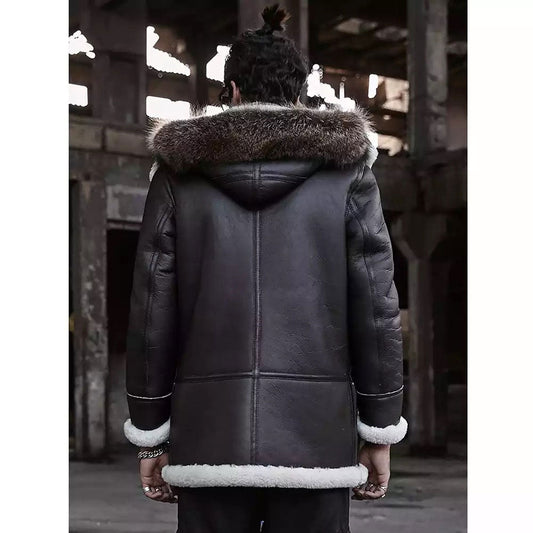 B3 Bomber Jacket Hooded Leather Jacket Shearling Coat Mens Brown - Vox Leather