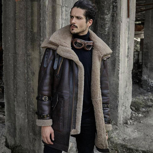 B3 Flight Jacket Men’s Shearling Aviator Fur Long Coat - Vox Leather