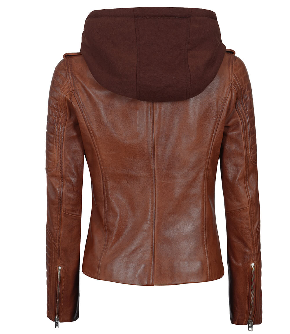 Bagheria Womens Cognac Biker Leather Jacket With Removable Hood - Rare Leather