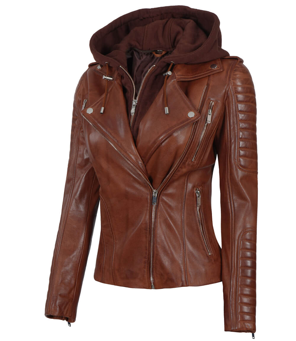 Bagheria Womens Cognac Biker Leather Jacket With Removable Hood - Rare Leather