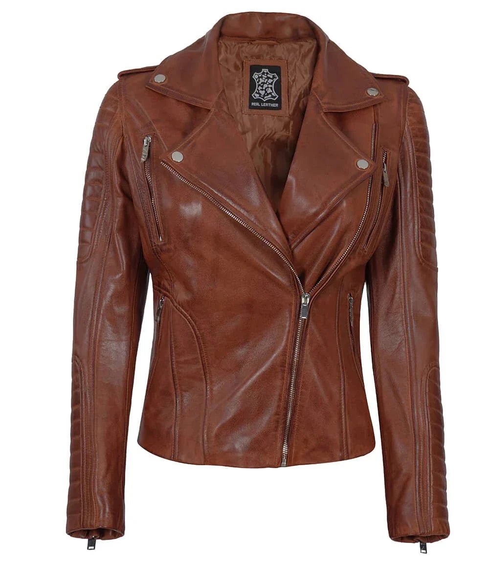 Bagheria Womens Cognac Biker Leather Jacket With Removable Hood - Vox Leather