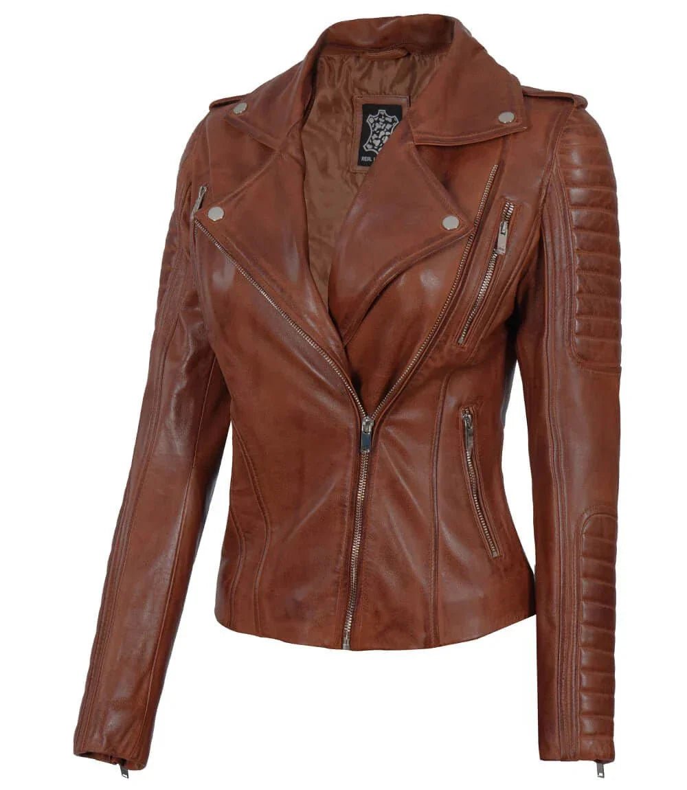 Bagheria Womens Cognac Biker Leather Jacket With Removable Hood - Vox Leather