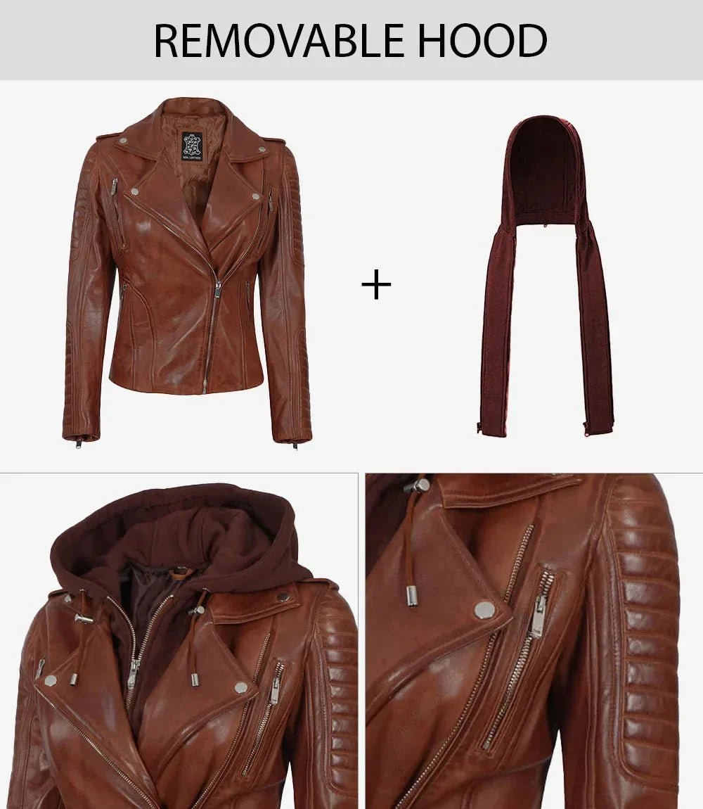 Bagheria Womens Cognac Biker Leather Jacket With Removable Hood - Vox Leather