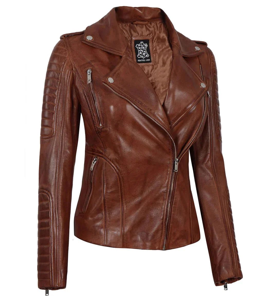 Bagheria Womens Cognac Biker Leather Jacket With Removable Hood - Vox Leather