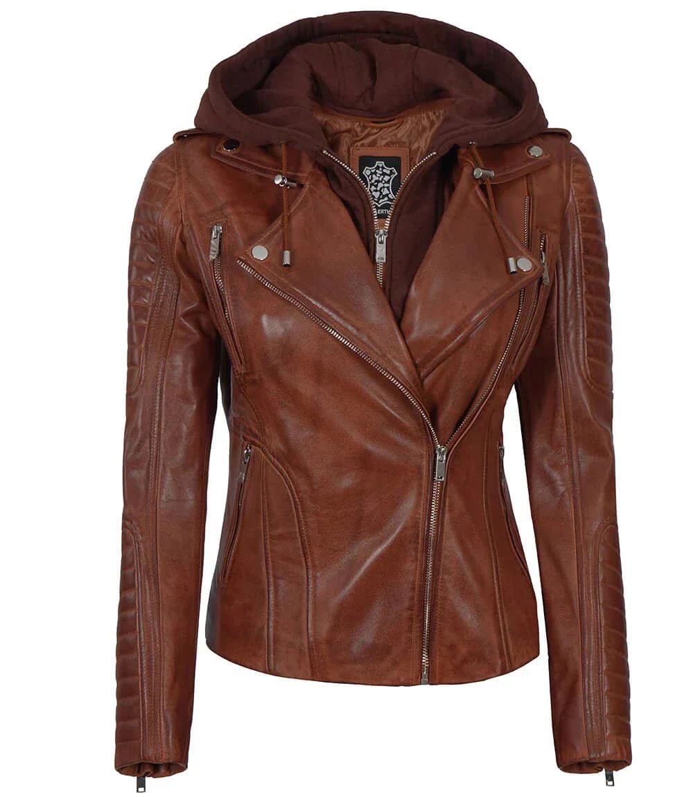 Bagheria Womens Cognac Biker Leather Jacket With Removable Hood - Vox Leather