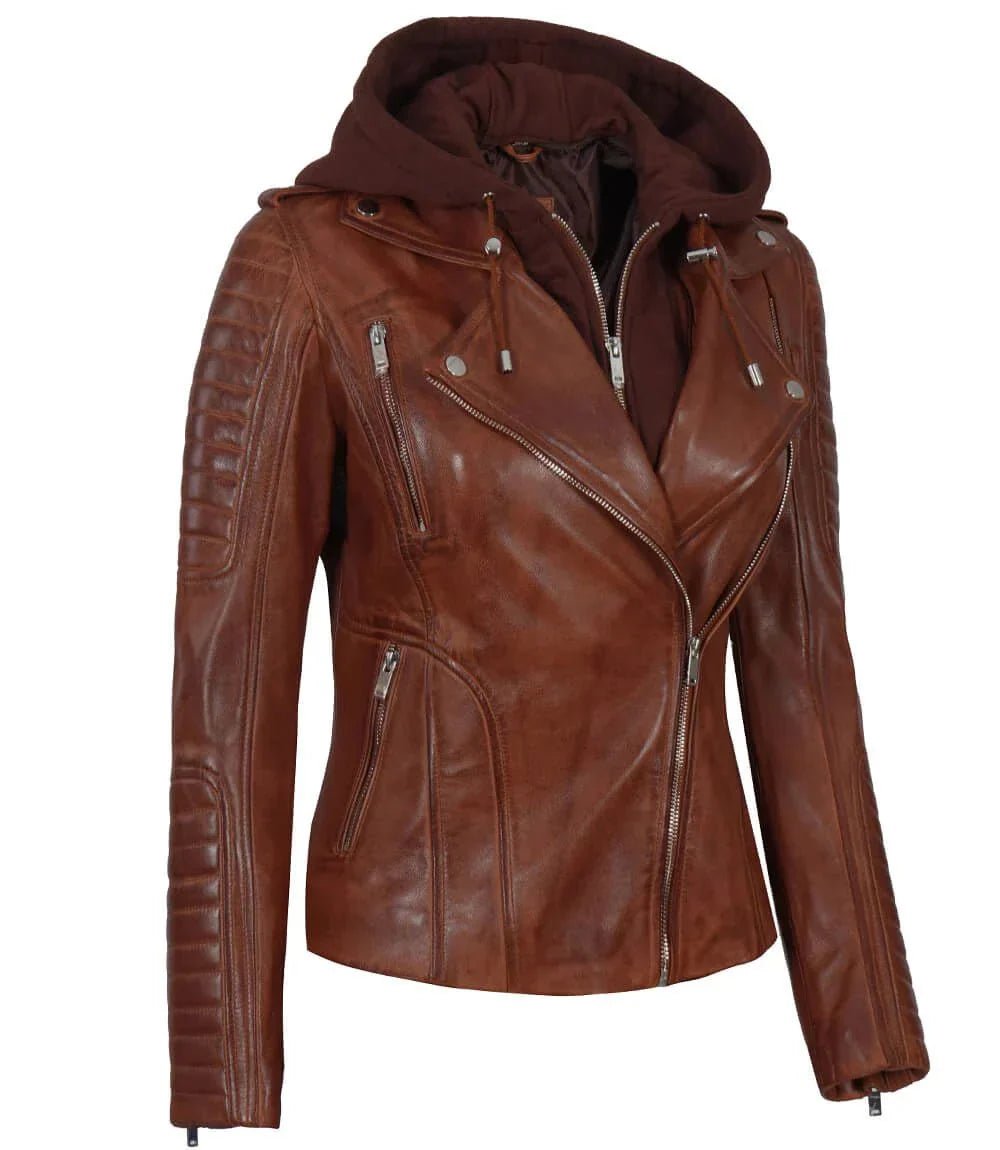 Bagheria Womens Cognac Biker Leather Jacket With Removable Hood - Vox Leather