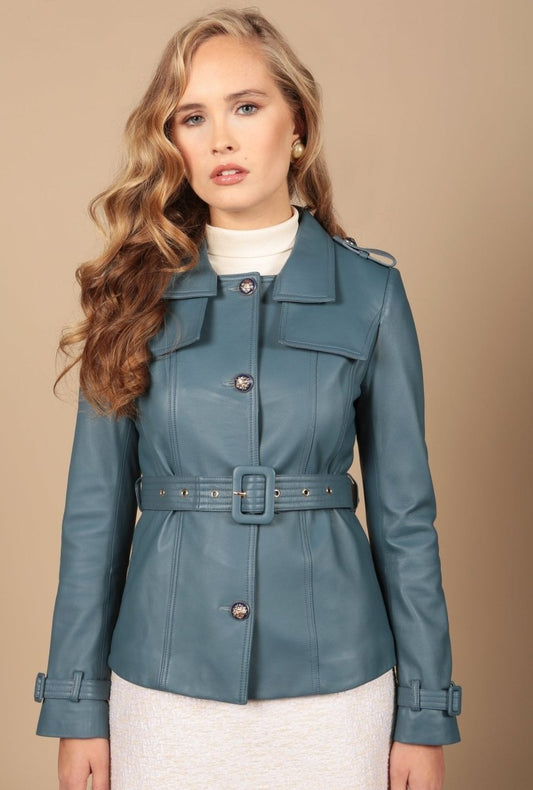 'Bardot' Leather Jacket in Azzurro - Vox Leather