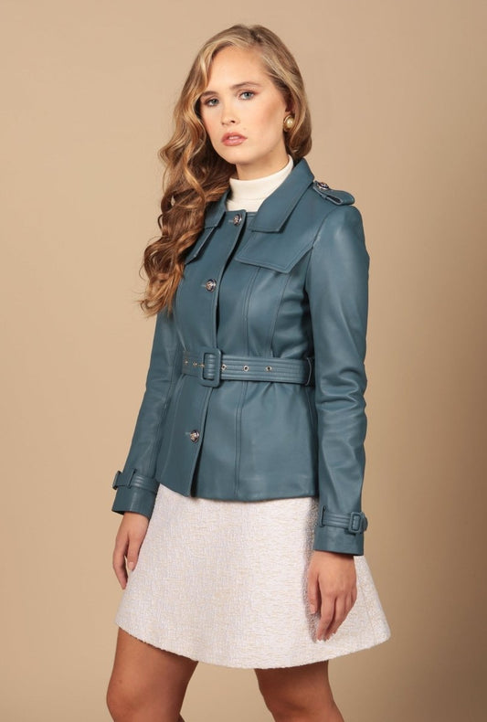 'Bardot' Leather Jacket in Azzurro - Vox Leather